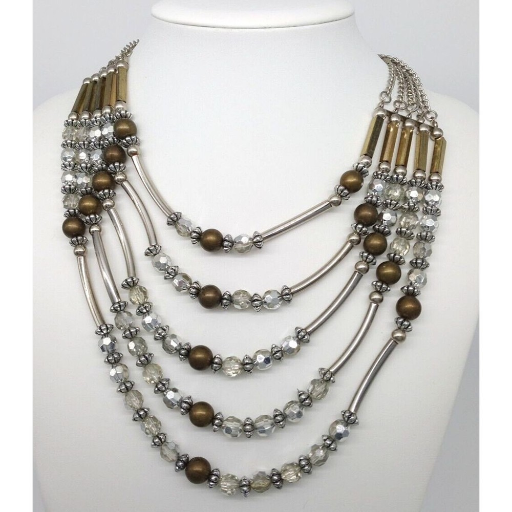 Acrylic Bead Bar Multi Chain Statement Necklace Silver Tone Five Strand Unique!